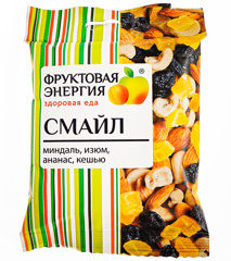 Изображение 0182 Смесь фруктово-ореховая "Смайл"50г*24 -миндаль, кешью, изюм Джамбо, цукаты ананаса