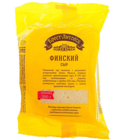 Изображение Сыр п/тв "Брест-Литовск финский" м.д.ж. в сухом веществе 45 % фас. (нарезка-брусок) 