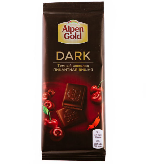 Изображение 7399 Шоколад Альпен Гольд темный с вишневыми кусочками со вкусом перца чили 80г