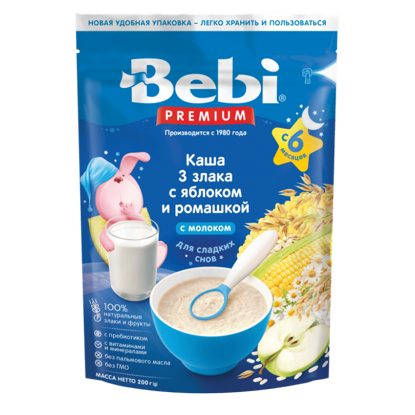 Изображение 3279 Каша 200 г Bebi Premium молочная каша 3 злака с яблоком и ромашкой с 6 мес. м/уп
