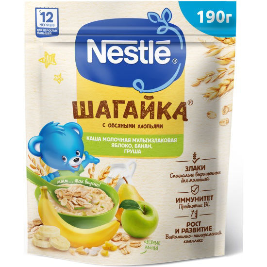 Изображение 3526 Каша молочная 190 г Nestle Шагайка мультизлаковая с яблоком, бананом, грушей с 12 мес дой-пак