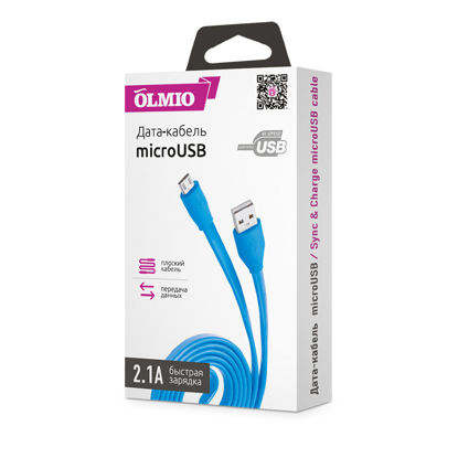 Изображение Кабель USB 2.0 - microUSB, 1м, 2.1A,олубой, плоский, OLMIO