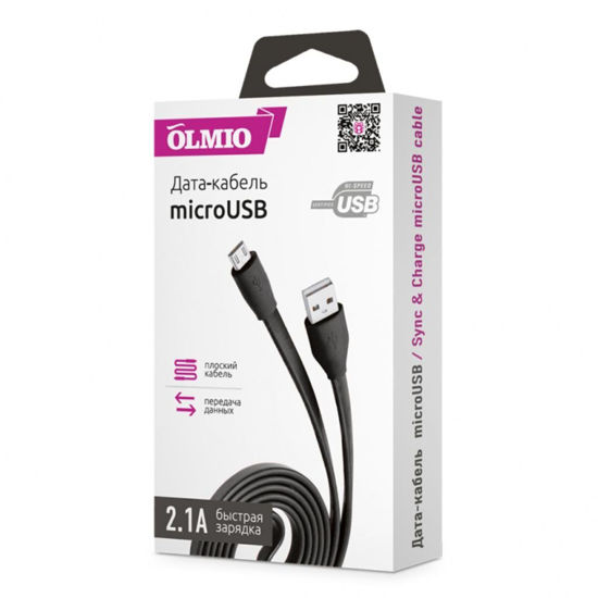 Изображение Кабель USB 2.0 - microUSB, 1м, 2.1A, черный, плоский, OLMIO